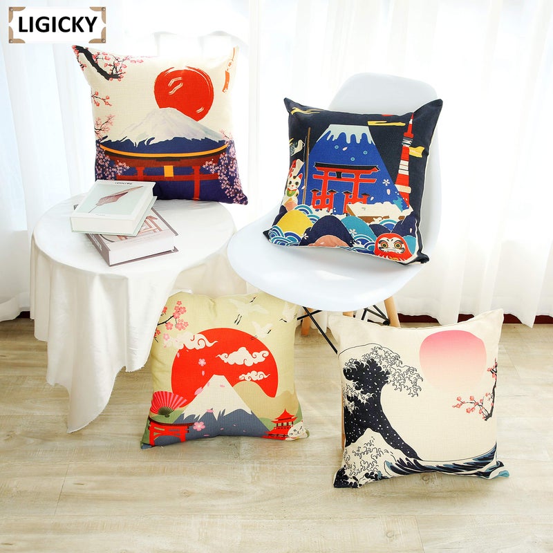 LIGICKY Set of 4 Farmhouse Japanese Style Decorative Throw Pillow Covers Fuji Mountain Print Linen Pillows for Couch Cushion Bed Outdoor Decor 18x18 Inch - Image 2